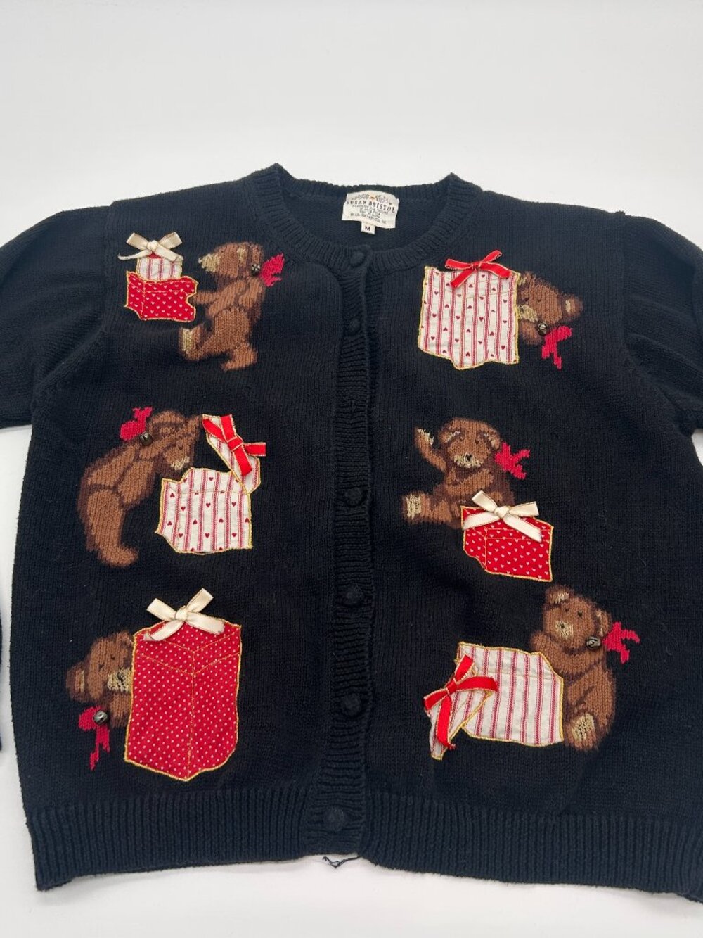 Vintage 1995 Susan Bristol Bells Teddy Bear Cardigan Sweater Size M Black